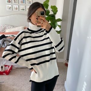 Black and white stripe turtleneck tunic sweater, size small